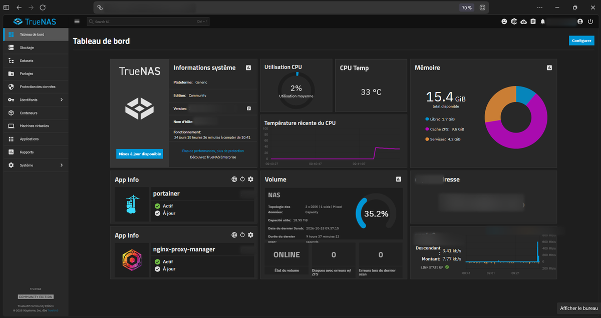 Tableau de bord TrueNAS Scale de mon homelab